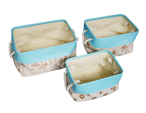 World Traveler Print Tote Baskets, Set of 3, Brown / Natural Canvas with Blue - Utopia Alley - 1