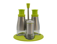 Stainless Steel & Glass Salt & Pepper Shakers / Oil & Vinegar 5 Piece Caddy Set, Green - Utopia Alley - 1