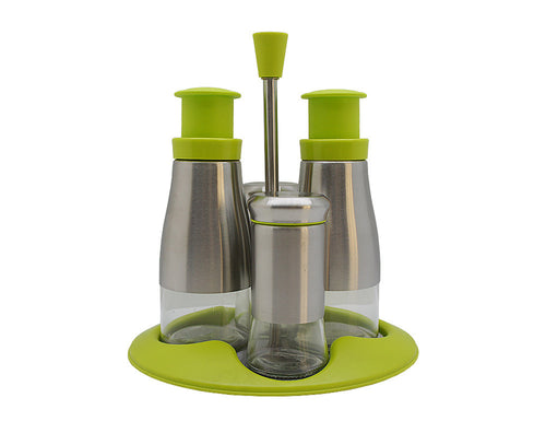 Stainless Steel & Glass Salt & Pepper Shakers / Oil & Vinegar 5 Piece Caddy Set, Green - Utopia Alley - 1